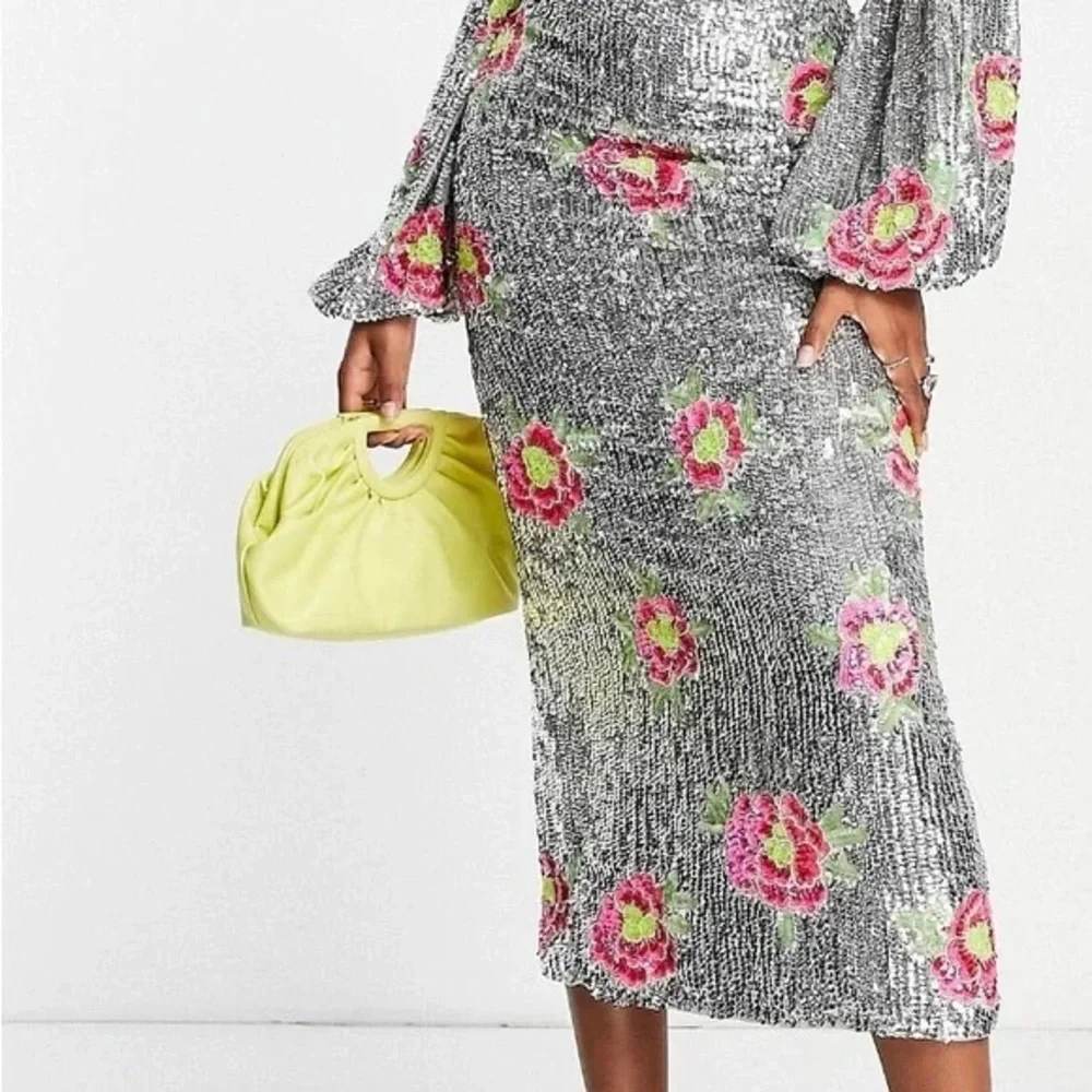 ASOS Edition Midi Skirt in Floral sequin-Silver - Picture 2 of 5